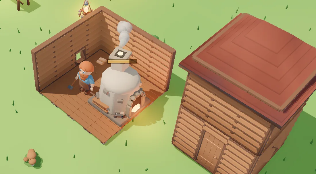 Ein Zwerg in einer halb gebauten Holzwerkstatt mit Ofen, daneben ein fertiges Blockhaus